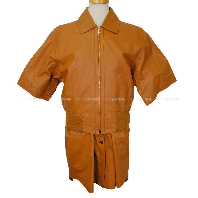 HERMES setup Leather Twin Jacket GiletMarron Alezan Calf Skin #38 Silver HW[EXCELLENT][Authentic]