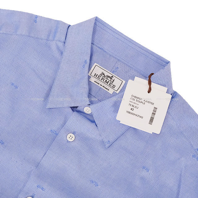 HERMES Long sleeve shirt Men’s Dress Blue Cotton100% #42 Silver HW 166060HA7042[EXCELLENT][Authentic]