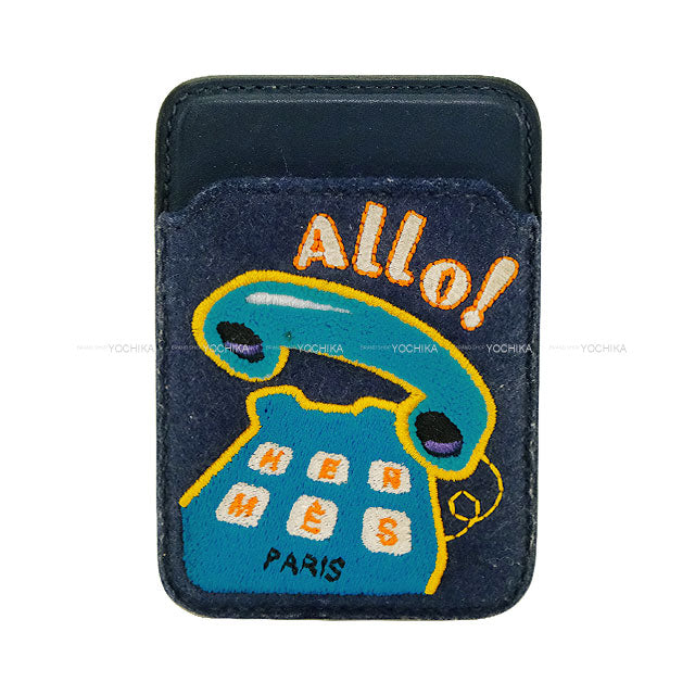 [Pre-loved] HERMES card holder  MagSafe Embroidery Eman Allo! Blue Navy/Multicolor Veau Swift/Feutre(Felt) Stamp W[LIKE NEW][Authentic]