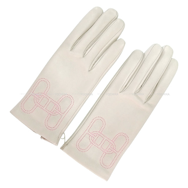 HERMES Glove H Chaine d'Ancre SP Hot Stamp Initials #6.5 Gris Perle/Pink Agneau Milo[EXCELLENT][Authentic]