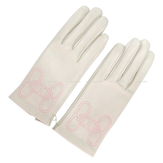 HERMES Glove H Chaine d'Ancre SP Hot Stamp Initials #6.5 Gris Perle/Pink Agneau Milo[EXCELLENT][Authentic]