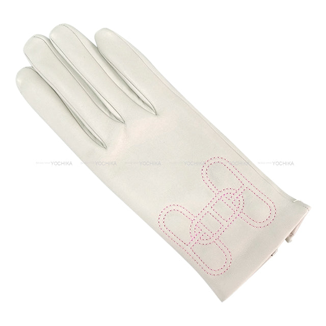 HERMES Glove H Chaine d'Ancre SP Hot Stamp Initials #6.5 Gris Perle/Pink Agneau Milo[EXCELLENT][Authentic]