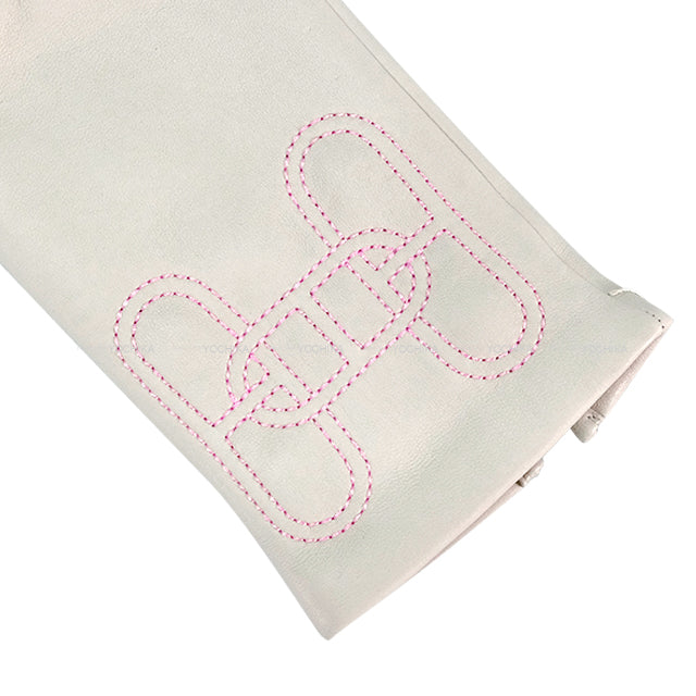 HERMES Glove H Chaine d'Ancre SP Hot Stamp Initials #6.5 Gris Perle/Pink Agneau Milo[EXCELLENT][Authentic]