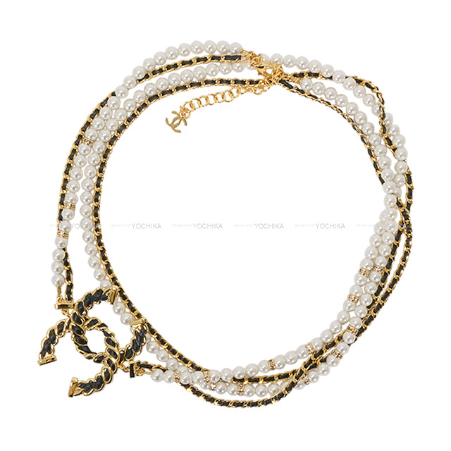 2025SS CHANEL necklace Long Chain Pearl Big COCO mark Gold/Blanc (White)/Noir (Black) Lambskin Gold HW ABE721[EXCELLENT][Authentic]