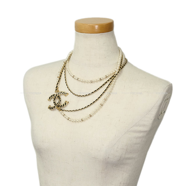 2025SS CHANEL necklace Long Chain Pearl Big COCO mark Gold/Blanc (White)/Noir (Black) Lambskin Gold HW ABE721[EXCELLENT][Authentic]