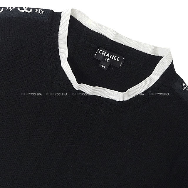 CHANEL Knit Long-Sleeve Knit Side Two-Tone Snowflake Coco Mark Noir (Black)/Blanc (White) Cashmere #44 P62228[EXCELLENT][Authentic]