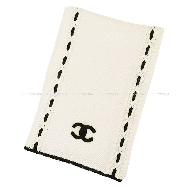 2025 A/W CHANEL muffler Knit Coco Mark Chain Motif Two-Tone Blanc (White)/Noir (Black) Cashmere AAB111[BRAND NEW][Authentic]