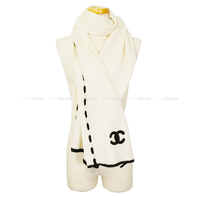 2025 A/W CHANEL muffler Knit Coco Mark Chain Motif Two-Tone Blanc (White)/Noir (Black) Cashmere AAB111[BRAND NEW][Authentic]