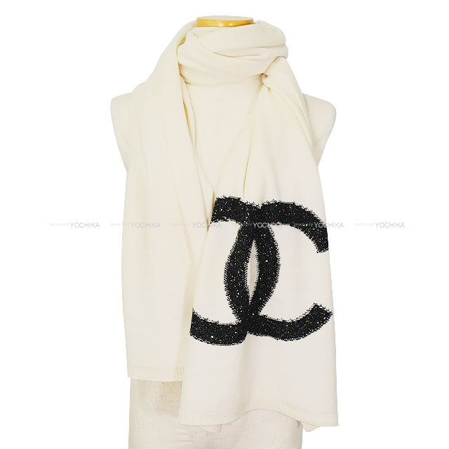 CHANEL Stall Large Knit Simple Big COCO Mark lame Blanc (White) Cashmere/Silk[EXCELLENT][Authentic]