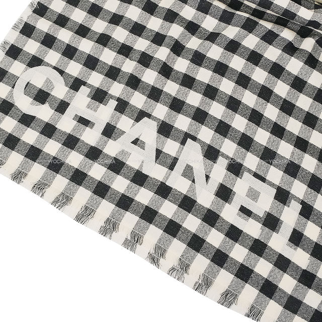 CHANEL Stall Large Size Coco Mark Check Pattern Noir (Black)/Blanc (White) Cashmere[EXCELLENT][Authentic]