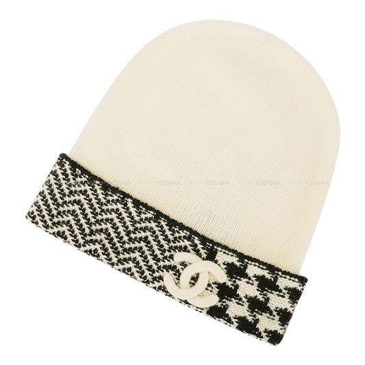 CHANEL Knit cap Hat Two-tone Herringbone Houndstooth Blanc (White)/Noir (Black) Cashmere[EXCELLENT][Authentic]