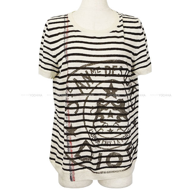 [Pre-loved] 2022AW Dior Knit Short Sleeve Stripe L'Union Fait LA Force White/Black Cashmere/Linen/Silk #36 244S28AM734[LIKE NEW][Authentic]