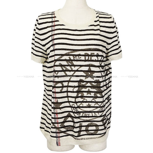 [Pre-loved] 2022AW Dior Knit Short Sleeve Stripe L'Union Fait LA Force White/Black Cashmere/Linen/Silk #36 244S28AM734[LIKE NEW][Authentic]