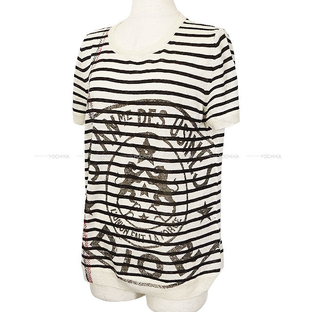 [Pre-loved] 2022AW Dior Knit Short Sleeve Stripe L'Union Fait LA Force White/Black Cashmere/Linen/Silk #36 244S28AM734[LIKE NEW][Authentic]