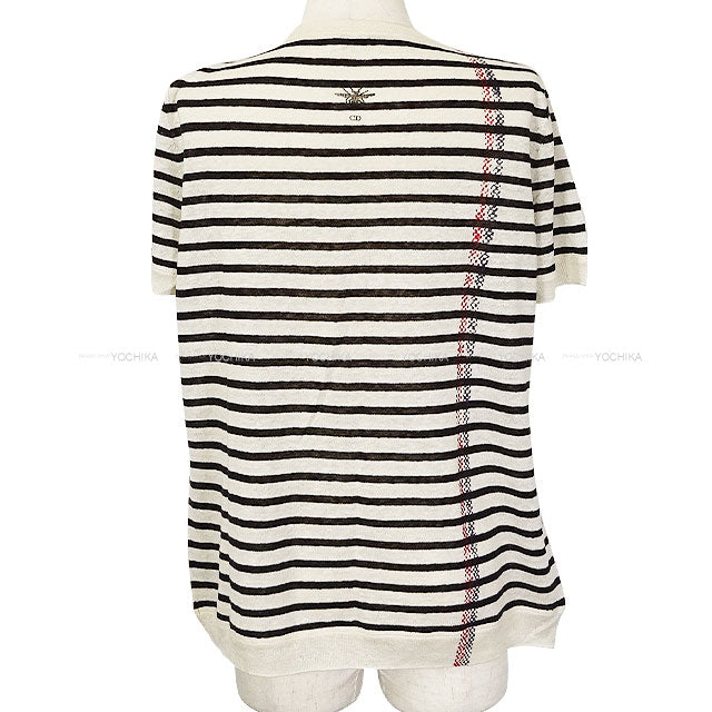[Pre-loved] 2022AW Dior Knit Short Sleeve Stripe L'Union Fait LA Force White/Black Cashmere/Linen/Silk #36 244S28AM734[LIKE NEW][Authentic]