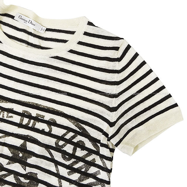 [Pre-loved] 2022AW Dior Knit Short Sleeve Stripe L'Union Fait LA Force White/Black Cashmere/Linen/Silk #36 244S28AM734[LIKE NEW][Authentic]