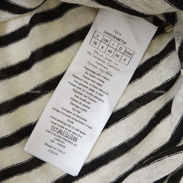 [Pre-loved] 2022AW Dior Knit Short Sleeve Stripe L'Union Fait LA Force White/Black Cashmere/Linen/Silk #36 244S28AM734[LIKE NEW][Authentic]