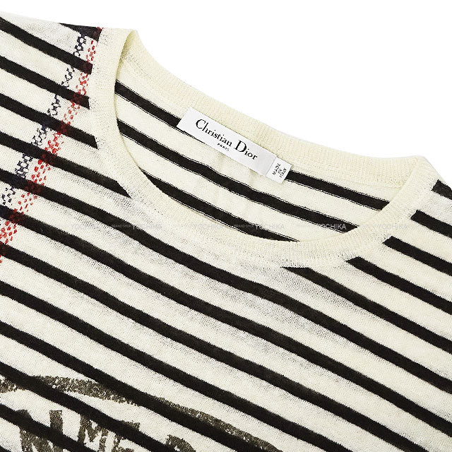 [Pre-loved] 2022AW Dior Knit Short Sleeve Stripe L'Union Fait LA Force White/Black Cashmere/Linen/Silk #36 244S28AM734[LIKE NEW][Authentic]