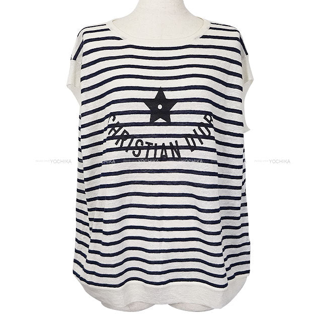 [Pre-loved] Dior Knit Short-Sleeve Border Star Logo Blanc (White)/Navy/Noir (Black) Cashmere/Linen/Silk #42 444S65BM761[LIKE NEW][Authentic]