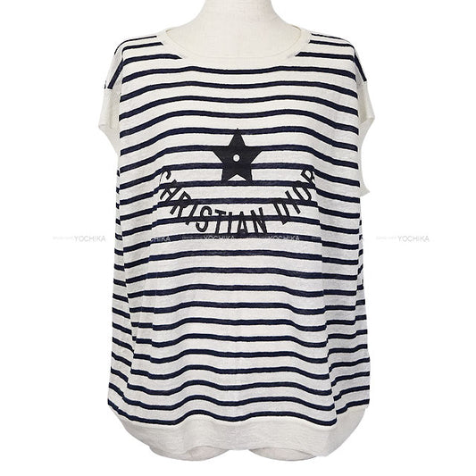 [Pre-loved] Dior Knit Short-Sleeve Border Star Logo Blanc (White)/Navy/Noir (Black) Cashmere/Linen/Silk #42 444S65BM761[LIKE NEW][Authentic]