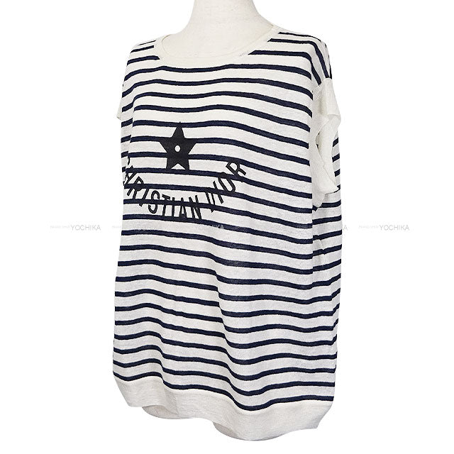 [Pre-loved] Dior Knit Short-Sleeve Border Star Logo Blanc (White)/Navy/Noir (Black) Cashmere/Linen/Silk #42 444S65BM761[LIKE NEW][Authentic]