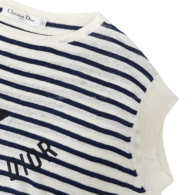 [Pre-loved] Dior Knit Short-Sleeve Border Star Logo Blanc (White)/Navy/Noir (Black) Cashmere/Linen/Silk #42 444S65BM761[LIKE NEW][Authentic]