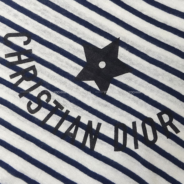 [Pre-loved] Dior Knit Short-Sleeve Border Star Logo Blanc (White)/Navy/Noir (Black) Cashmere/Linen/Silk #42 444S65BM761[LIKE NEW][Authentic]