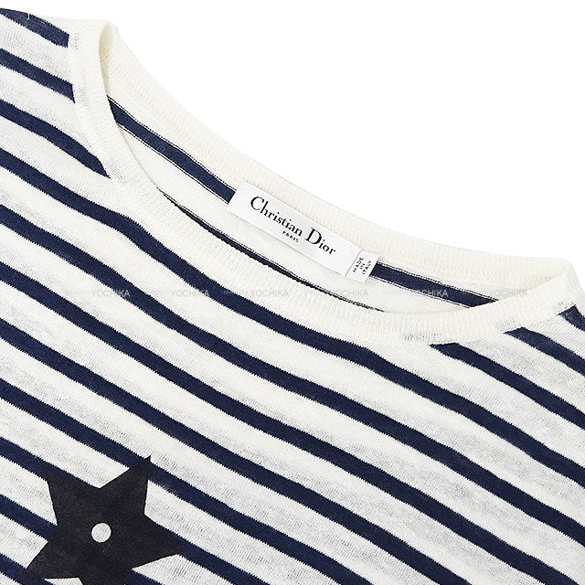[Pre-loved] Dior Knit Short-Sleeve Border Star Logo Blanc (White)/Navy/Noir (Black) Cashmere/Linen/Silk #42 444S65BM761[LIKE NEW][Authentic]