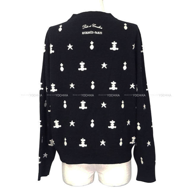 [Pre-loved] 2021AW HERMES Cardigan Knit POSTE ET CAVALERIE Patterned All Over Noir (Black) Cashmere #46[LIKE NEW][Authentic]