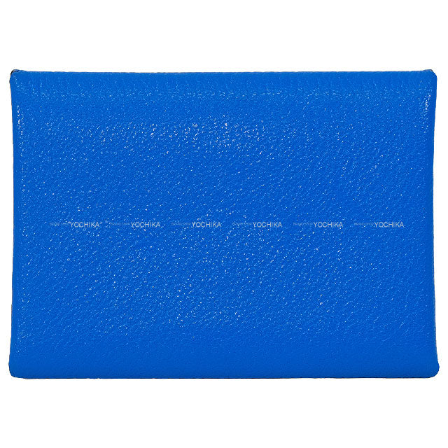 [Pre-loved] HERMES card holder Calvi Duo Bleu France Chevre Mysore Silver HW Stamp W[LIKE NEW][Authentic]