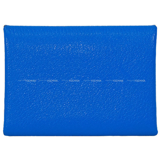 [Pre-loved] HERMES card holder Calvi Duo Bleu France Chevre Mysore Silver HW Stamp W[LIKE NEW][Authentic]