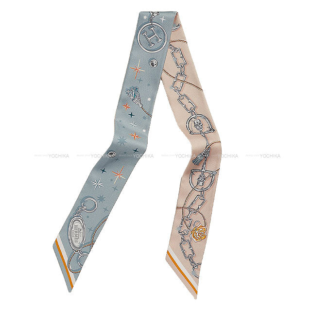 [Pre-loved] HERMES scarf Twilly C'est la fe'te Bleu Glacier/Rose Poodle/Grey Silk100%[USED SA][Authentic]