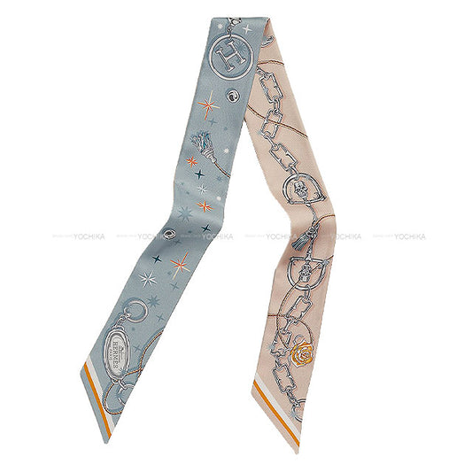 [Pre-loved] HERMES scarf Twilly C'est la fe'te Bleu Glacier/Rose Poodle/Grey Silk100%[USED SA][Authentic]
