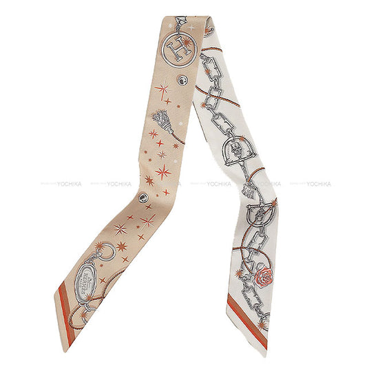 [Pre-loved] HERMES scarf Twilly C'est la fe'te Beige rose/Caramel/Blanc(White) Silk100%[USED SA][Authentic]