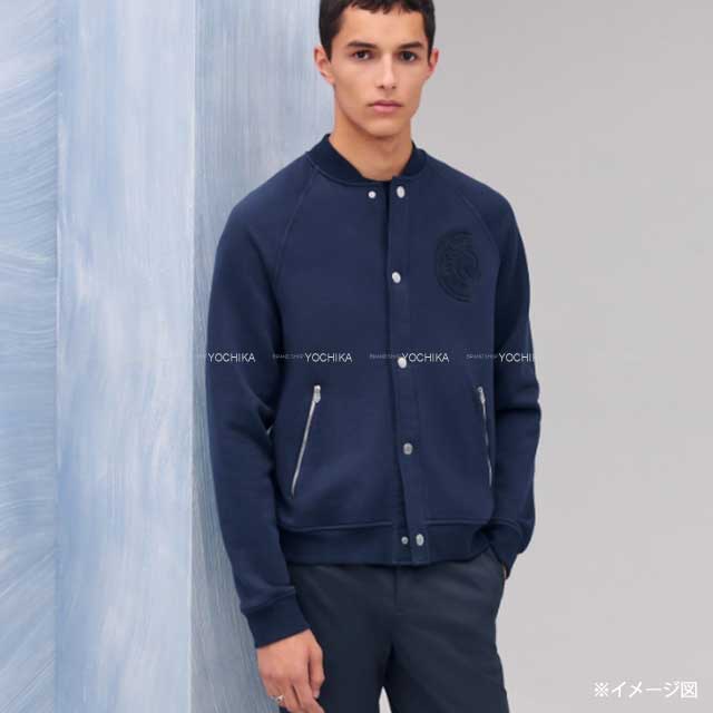 2025SS HERMES Blouson Teddy Crew de Sel Sellier Button jacket Navy Cotton100% #XS Silver HW H557850HA[EXCELLENT][Authentic]