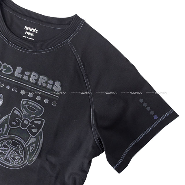 [Pre-loved] HERMES Short sleeve t shirt Micro Cartouche Bleu Noir Cotton100% #38 5H4630DC[LIKE NEW][Authentic]