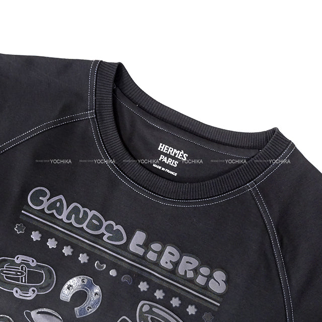 [Pre-loved] HERMES Short sleeve t shirt Micro Cartouche Bleu Noir Cotton100% #38 5H4630DC[LIKE NEW][Authentic]