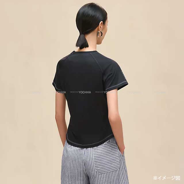 [Pre-loved] HERMES Short sleeve t shirt Micro Cartouche Bleu Noir Cotton100% #38 5H4630DC[LIKE NEW][Authentic]