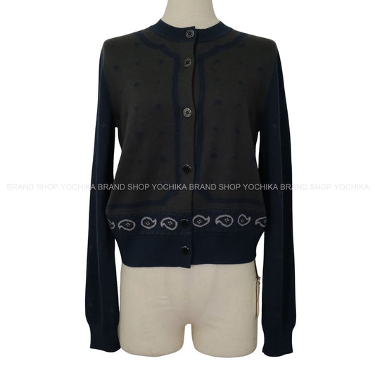 HERMES Cardigan Women’s Serie Button Dot HARNAIS DE COUR NavyCharcoal Cashmere/Silk #38 2H2703D8[EXCELLENT][Authentic]