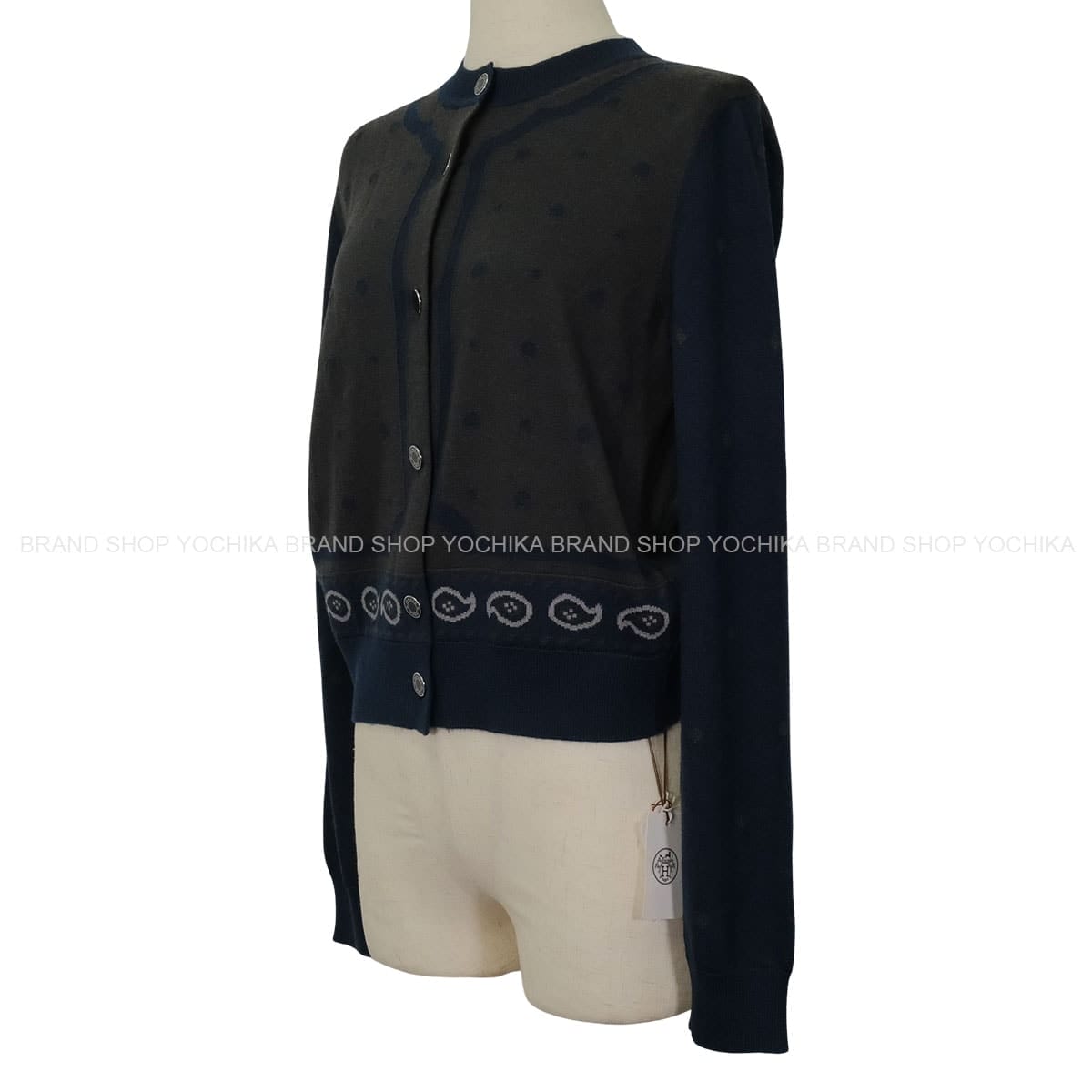 HERMES Cardigan Women’s Serie Button Dot HARNAIS DE COUR NavyCharcoal Cashmere/Silk #38 2H2703D8[EXCELLENT][Authentic]