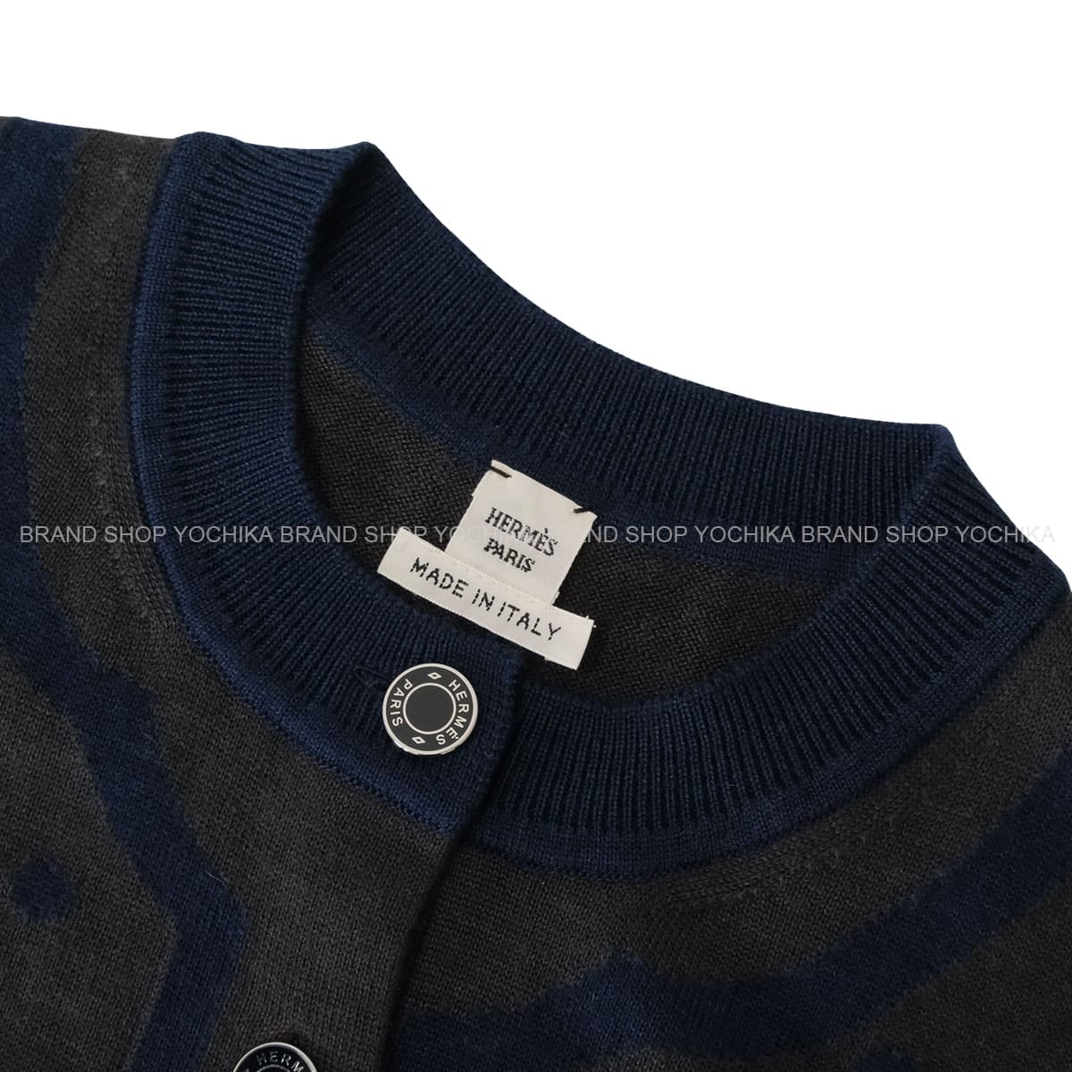 HERMES Cardigan Women’s Serie Button Dot HARNAIS DE COUR NavyCharcoal Cashmere/Silk #38 2H2703D8[EXCELLENT][Authentic]