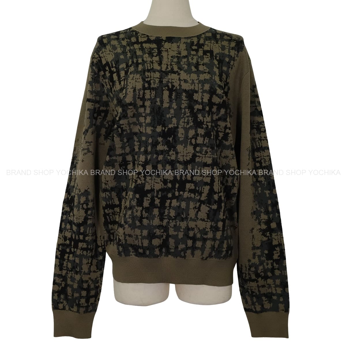 HERMES Sweater Men’s Crew Neck Kaki/Grey Wool Viscose/Polyamide #M[EXCELLENT][Authentic]