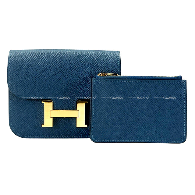 [Pre-loved] HERMES Bi-fold wallet Constance Slim Bleu de Prusse Veau Epsom Gold HW Stamp W[USED SA][Authentic]