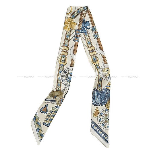 2024SS HERMES scarf Twilly Harnais de Coeur Crme/Bleu Jean/Vert Amande Silk100%[EXCELLENT][Authentic]
