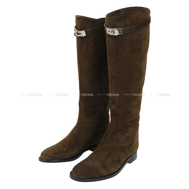 HERMES boots Jumping short Brown Suede #37.5 Silver HW[BRAND NEW][Authentic]