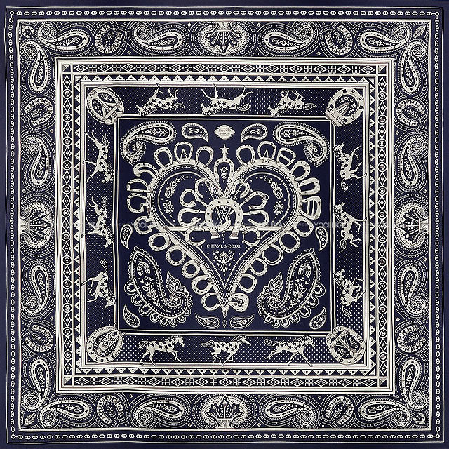 HERMES scarf Carre 140 Cheval de Coeur Bandana Marine/Blanc(White)/Noise Cashmere/Silk[BRAND NEW][Authentic]