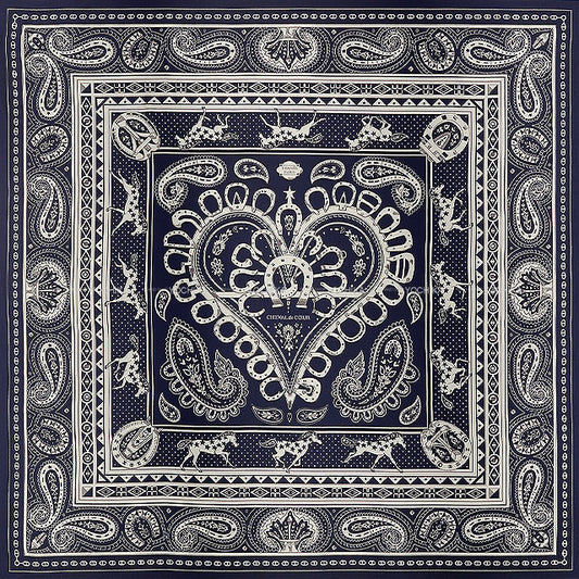 HERMES scarf Carre 140 Cheval de Coeur Bandana Marine/Blanc(White)/Noise Cashmere/Silk[BRAND NEW][Authentic]