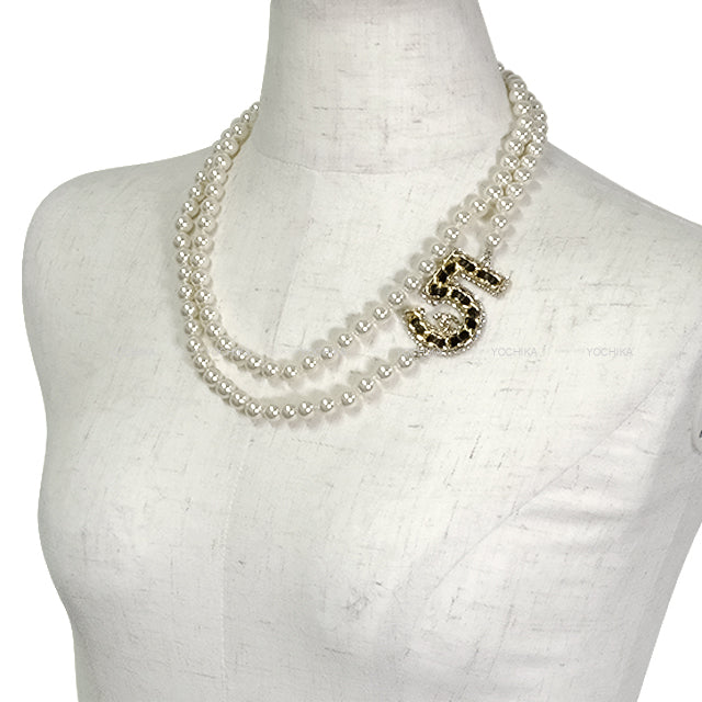 CHANEL necklace No.5 Pearl COCO mark Rhinestone Blanc (White) Pearl /Strass Champagne Gold HW ABA169[EXCELLENT][Authentic]
