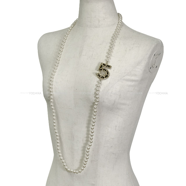 CHANEL necklace No.5 Pearl COCO mark Rhinestone Blanc (White) Pearl /Strass Champagne Gold HW ABA169[EXCELLENT][Authentic]