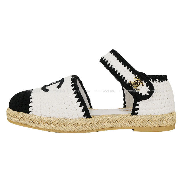 CHANEL sandals Coco Mark Espadrille Blanc (White)/Noir (Black) Fabric #38 Champagne Gold HW G38736[EXCELLENT][Authentic]